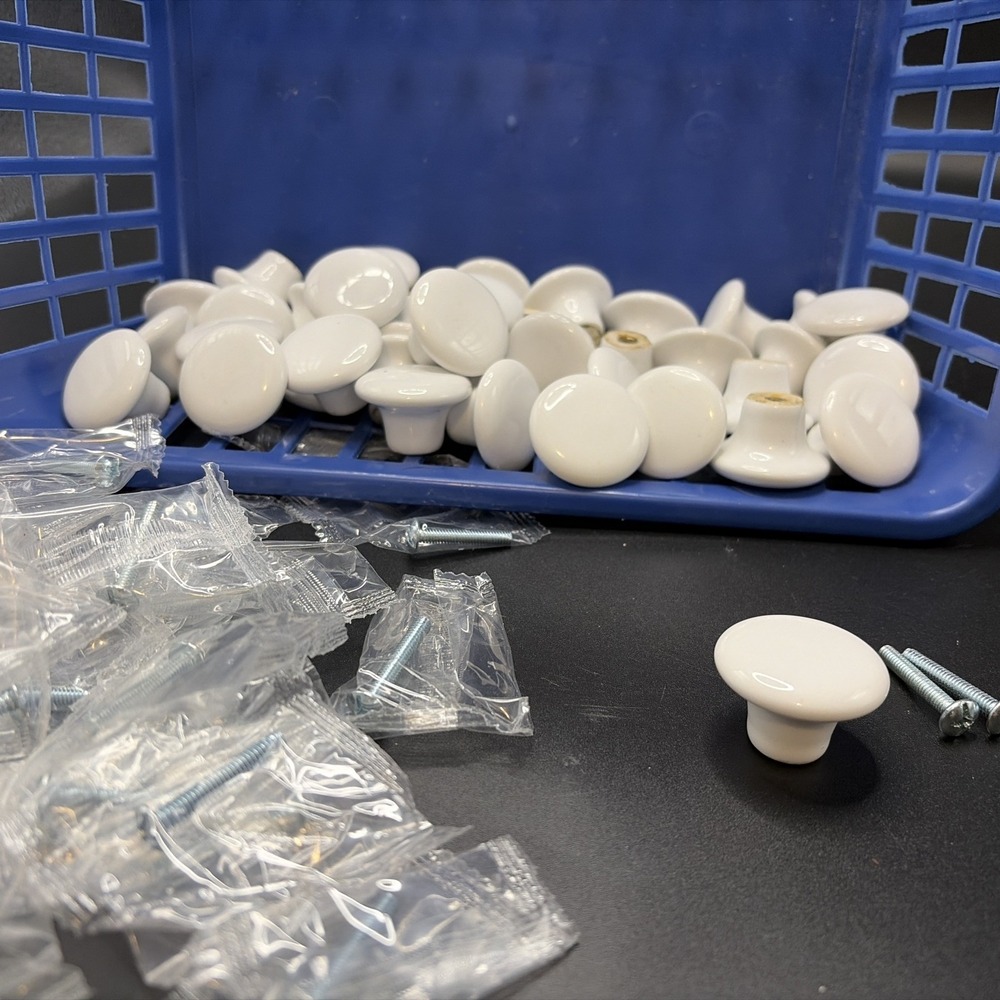 Porcelain White Cabinet Knobs Drawer Pulls 1.25"/Lot 39 Knobs/35 Screws